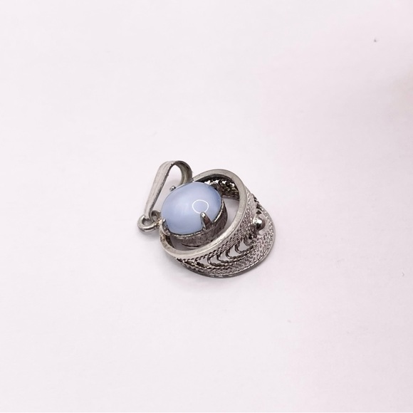 Vintage 1950’s Blue Cats Eye 925 Sterling Silver Pendant - Picture 3 of 8